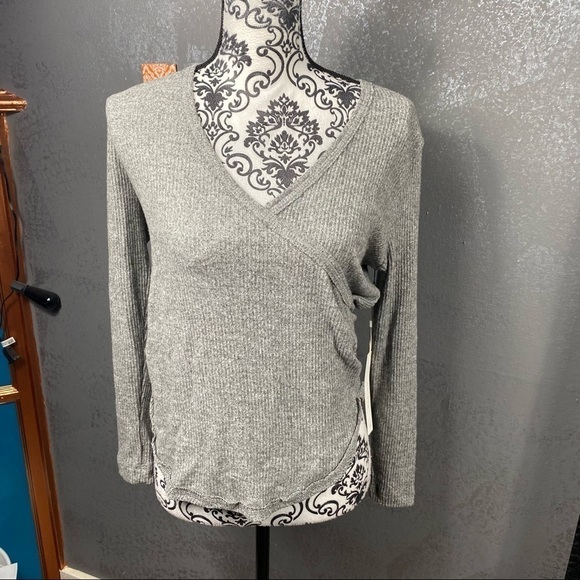 Caslon Rib Crossover Faux Wrap Blouse.  Soft lightweight.  Gray Heather - Picture 2 of 12